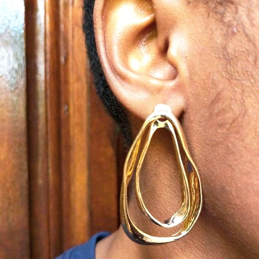 Gold hoop Hammered plated thick double layer boho big earrings - Picture 11 of 17